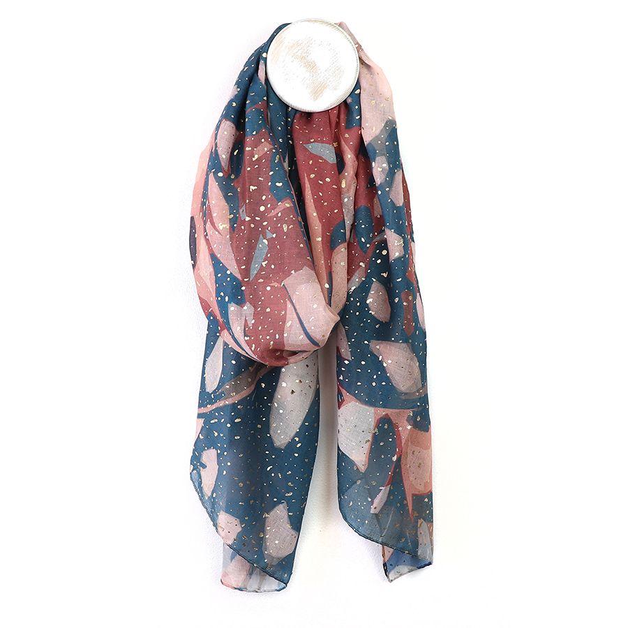 Blue and rust abstract butterfly wing metallic recycled blend scarf