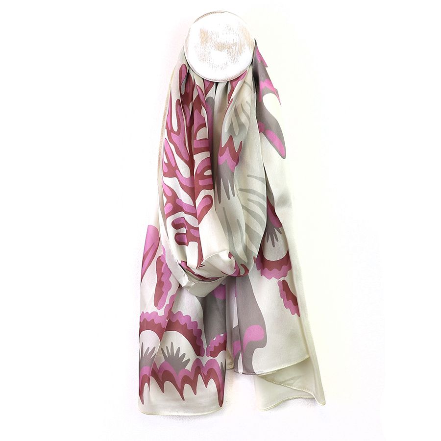 Silky ecru, mauve and pink coral print recycled yarn scarf