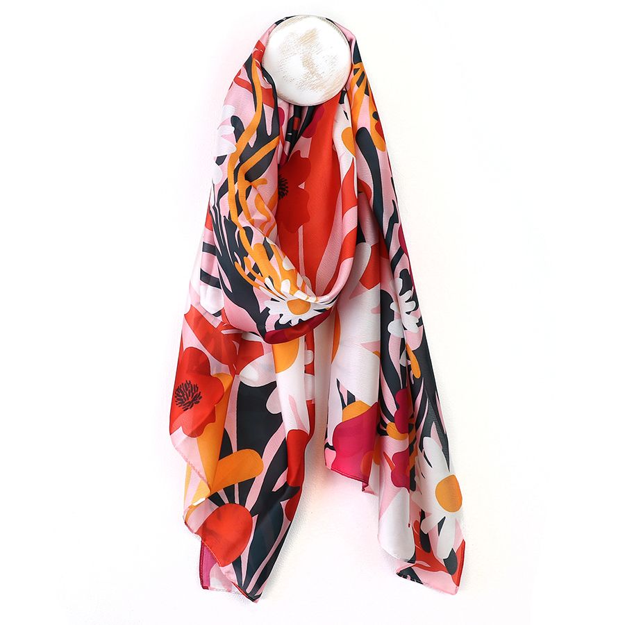 Silky red mix daisy print recycled yarn scarf