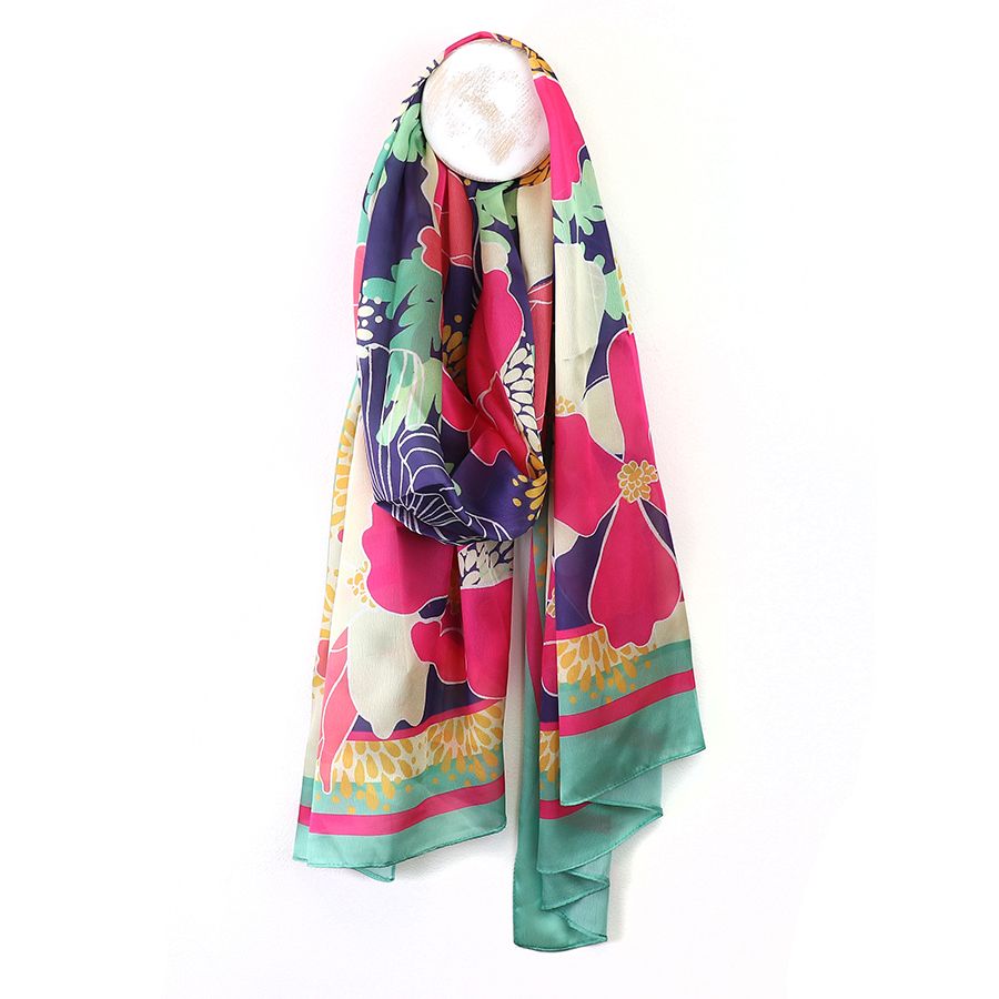 Silky blue and pink bold floral print recycled yarn scarf