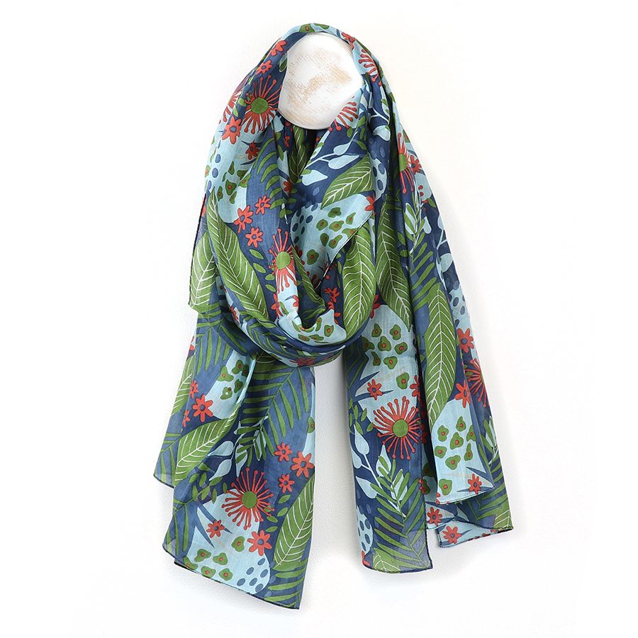 Organic cotton blue and green mix botanical print scarf