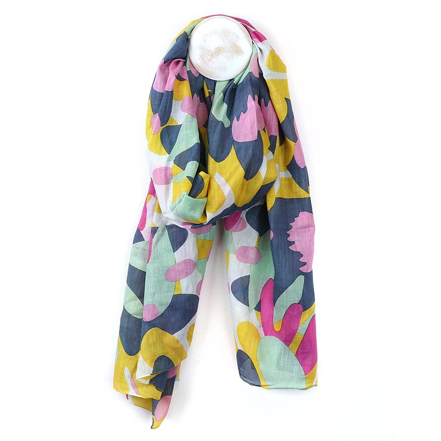 Organic cotton abstract blue and pink mix print scarf