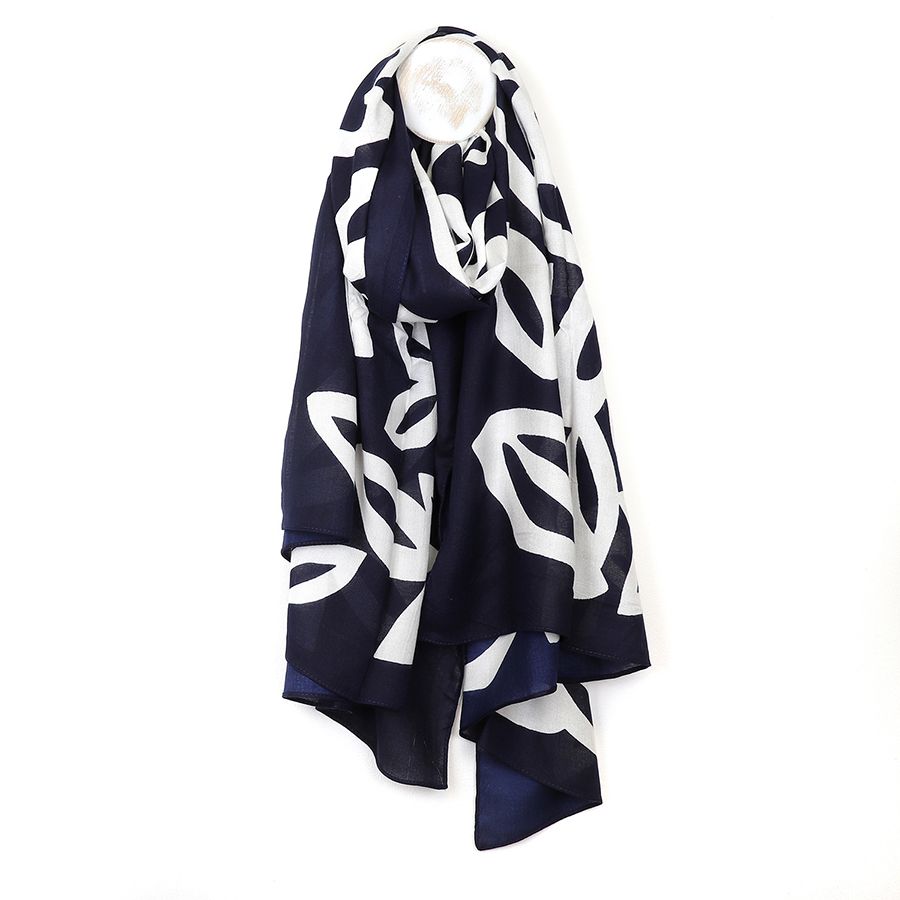 Bamboo navy and white leaf silhouette print scarf