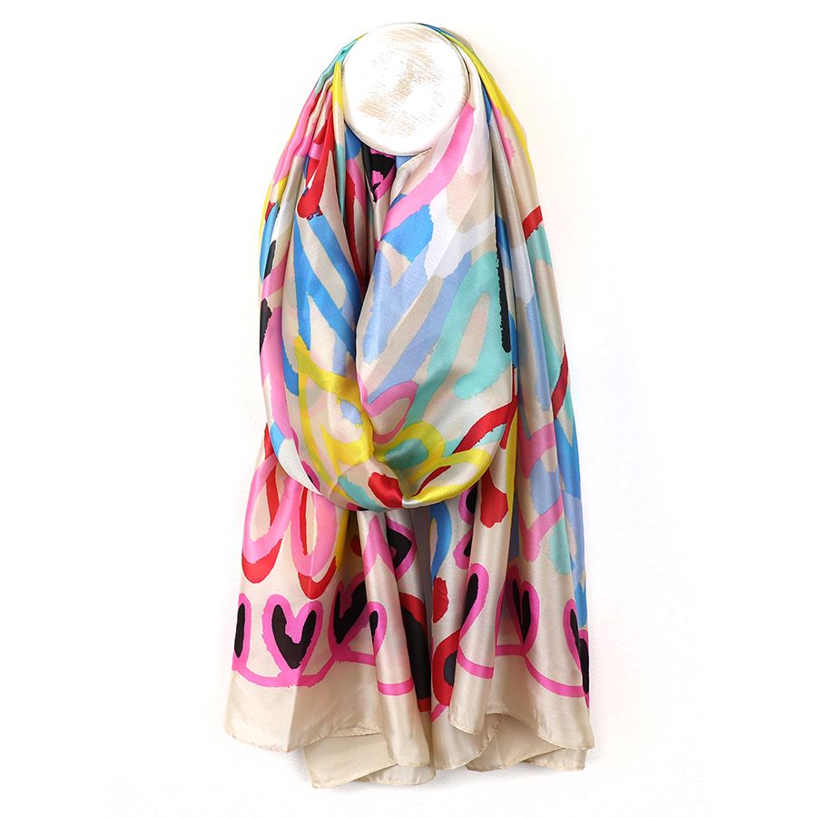 Off white/ multi graffiti hearts silk feel scarf