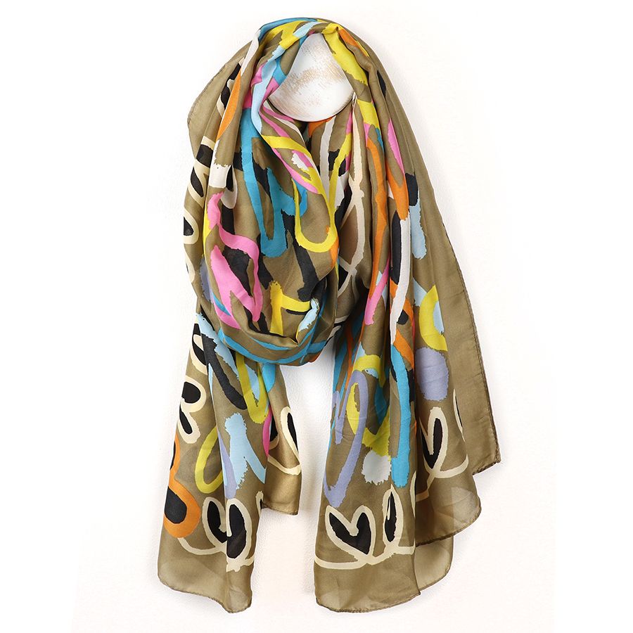 Golden graffiti heart print silky scarf