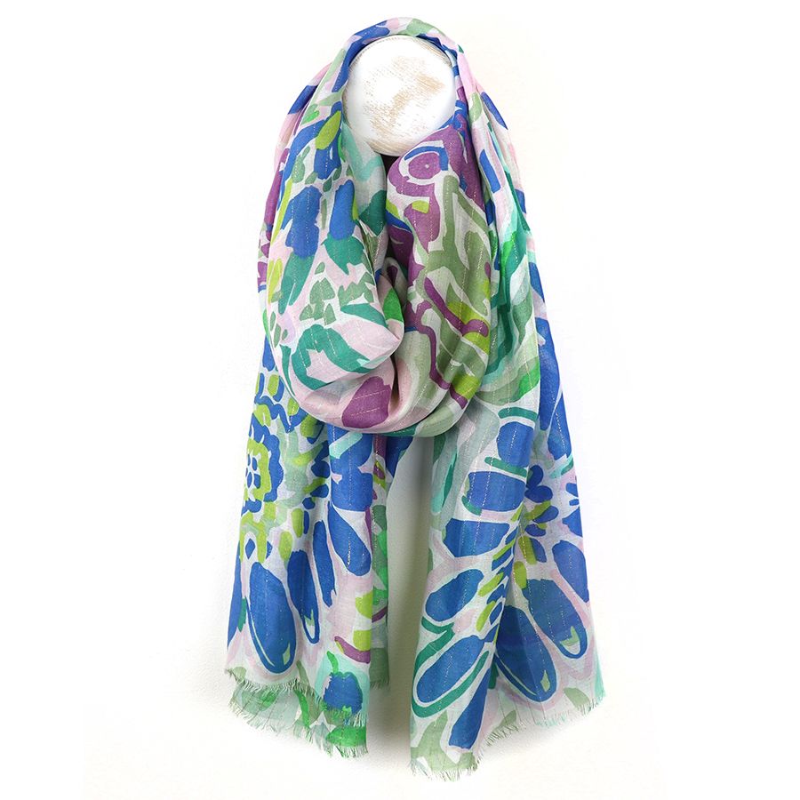 Blue mix painted floral scarf with lurex