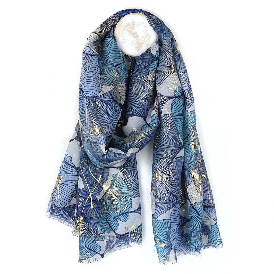 Blue mix and metallic ginkgo leaf print scarf