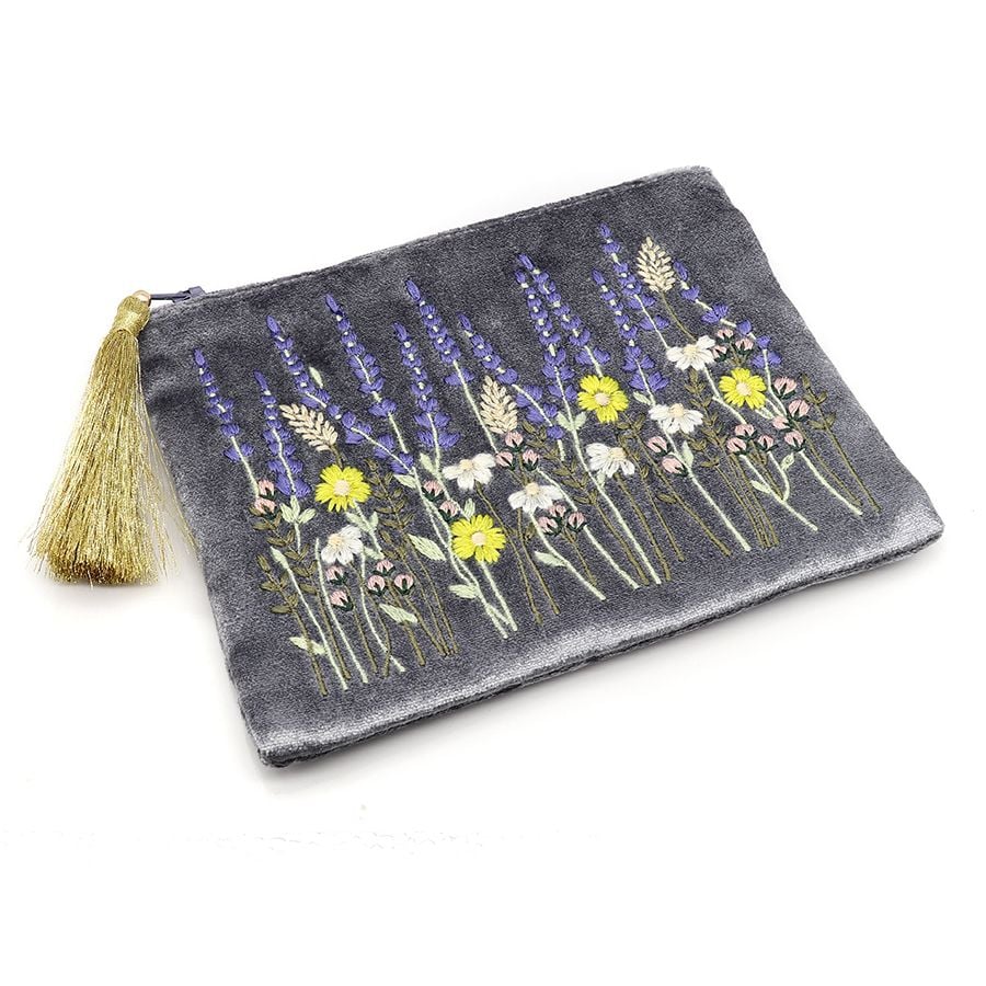 Smokey Grey velvet purse/ pouch with Lavender meadow embroidery