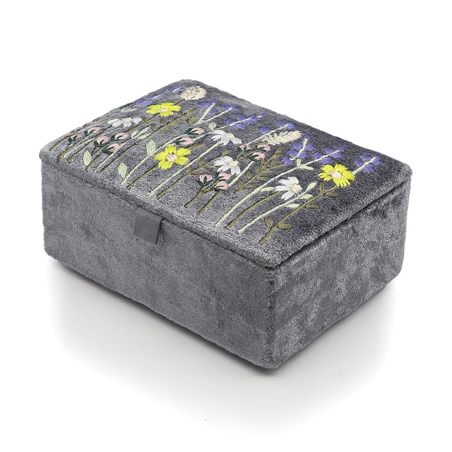 Grey velvet embroidered lavender jewellery box