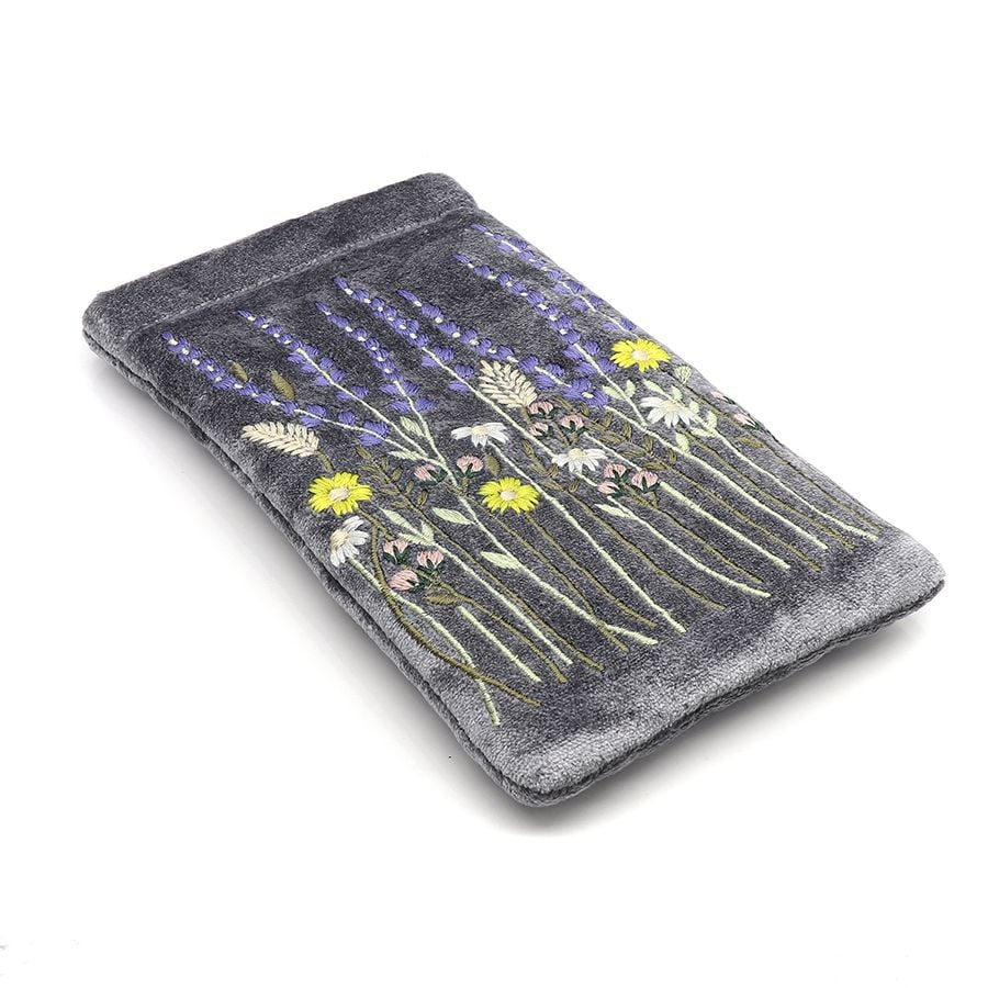 Smokey grey velvet glasses' case with lavender meadow embroidery