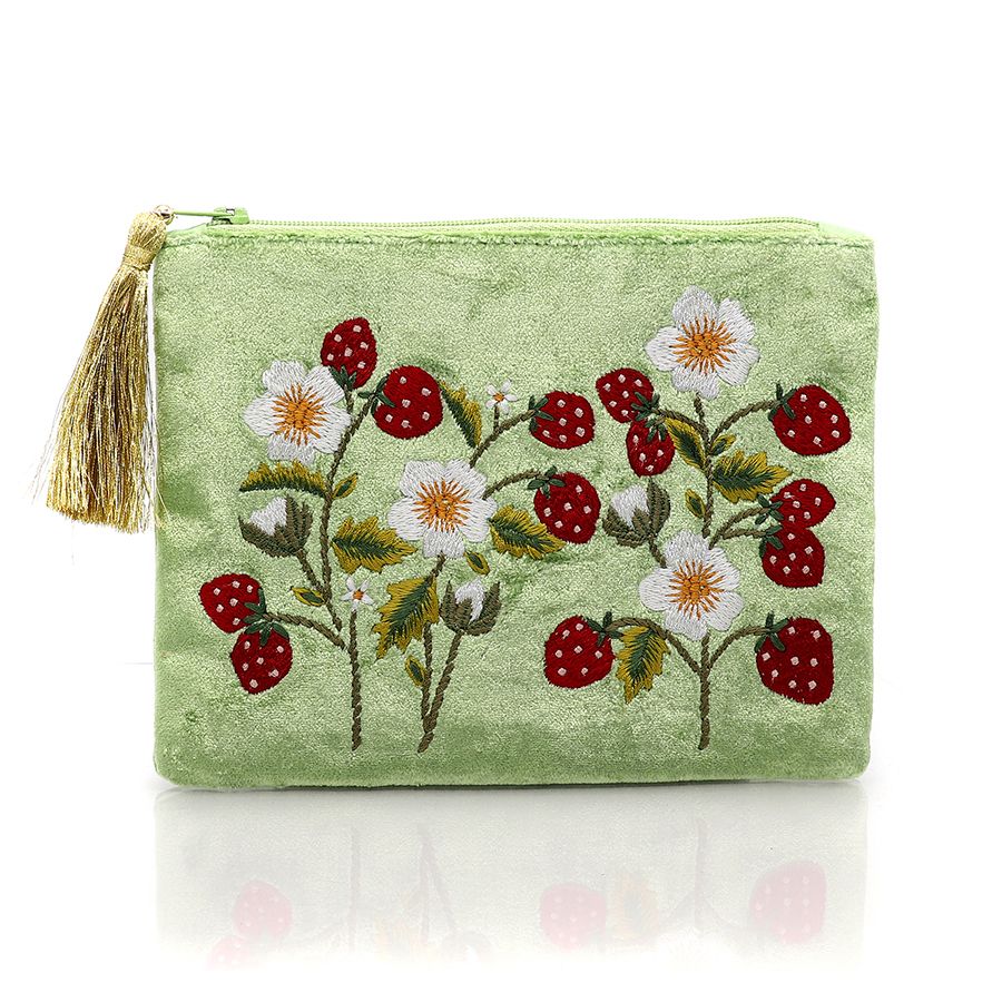 Velvet flat purse with strawberry embroidery