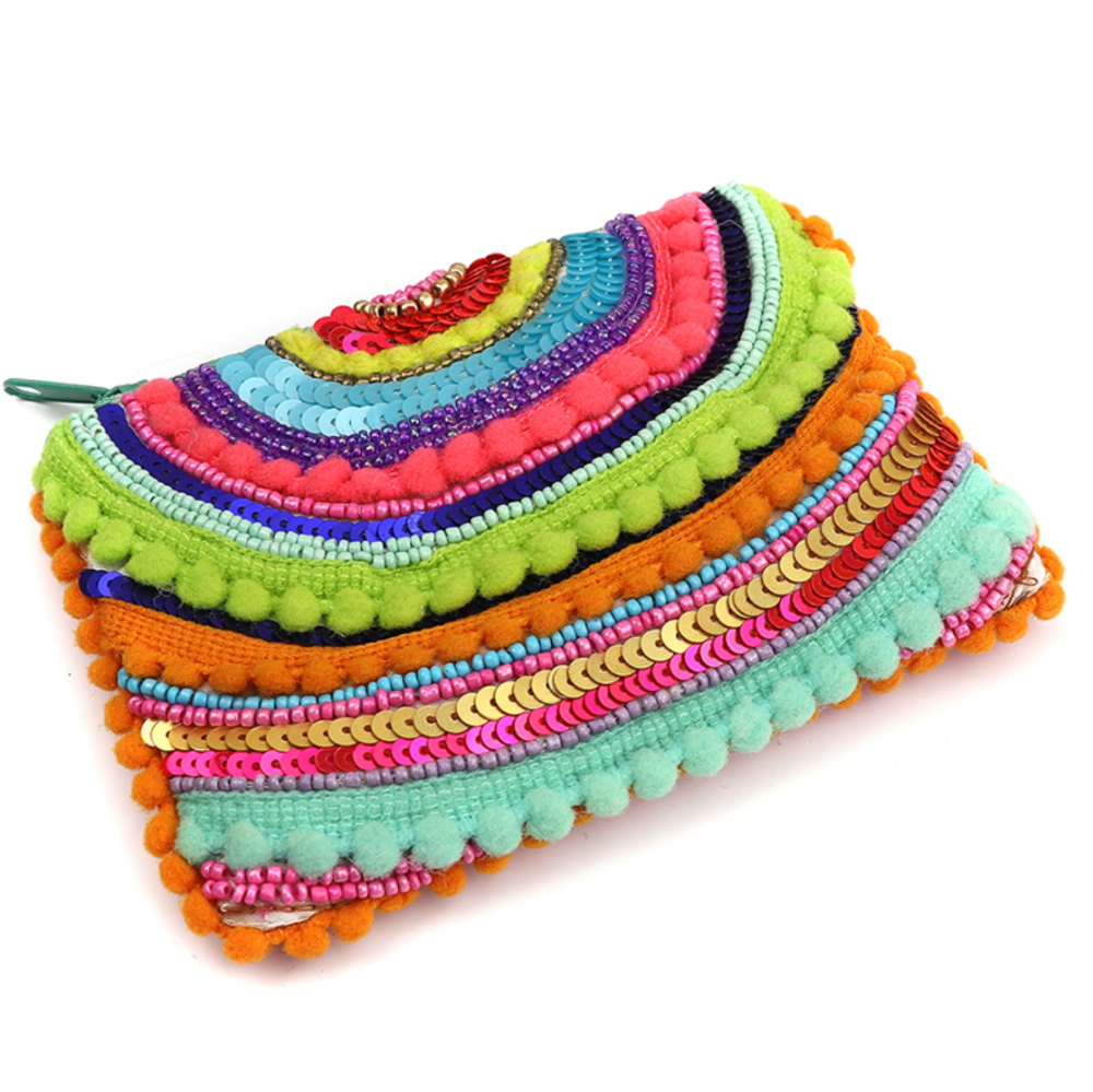 Small beaded neon rainbow pom-pom purse