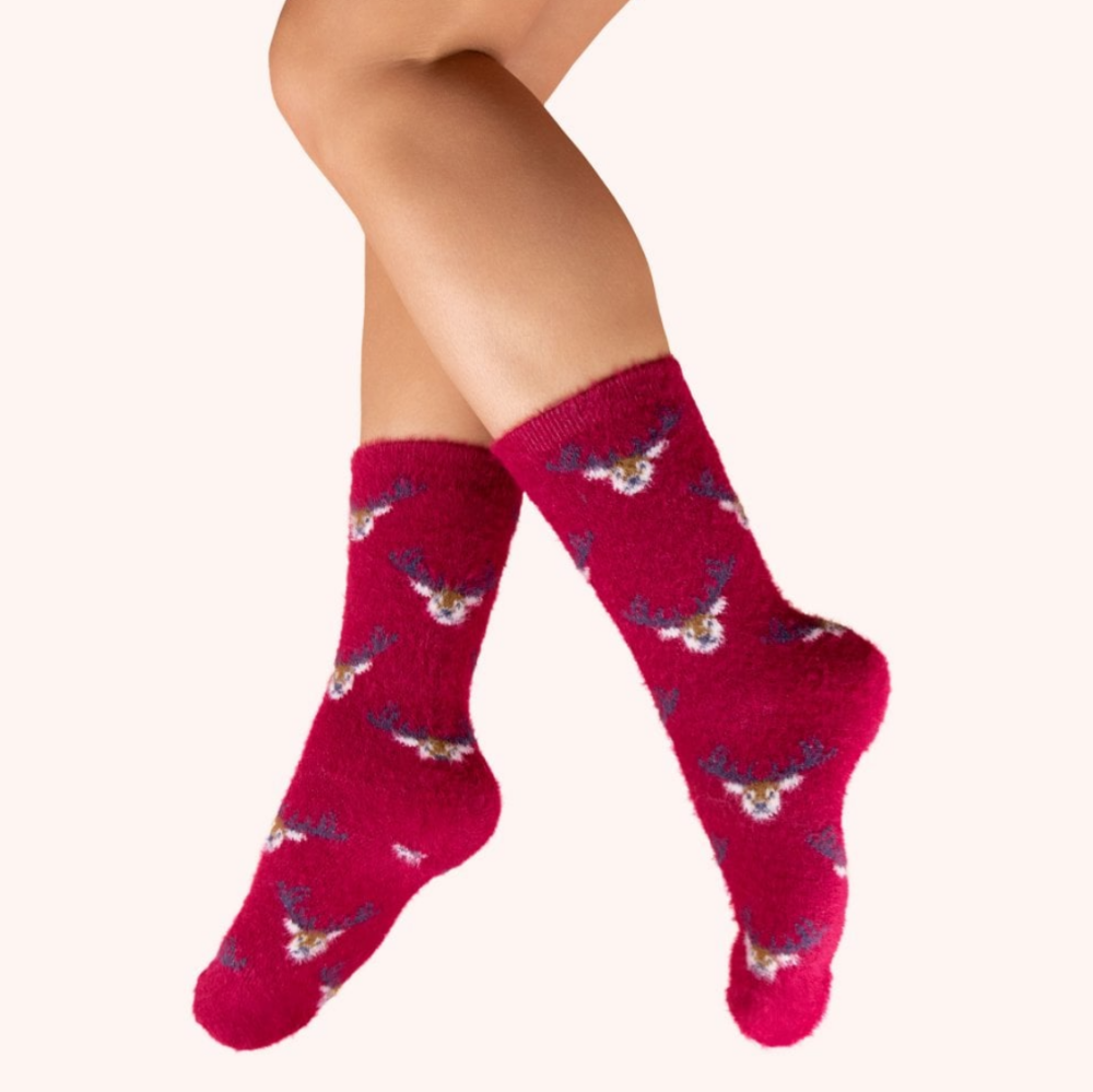 Mini Stags Fuchsia Fuzzy Socks