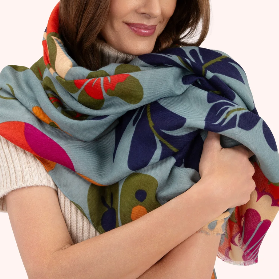 Print Scarf- Folk Floral Winter Ice