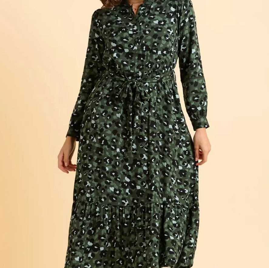 Luna Dress- Green Leopard Print- 8, 10, 12, 16