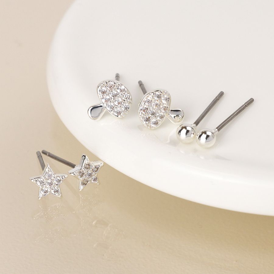 Silver plated triple toadstool and flower earring set