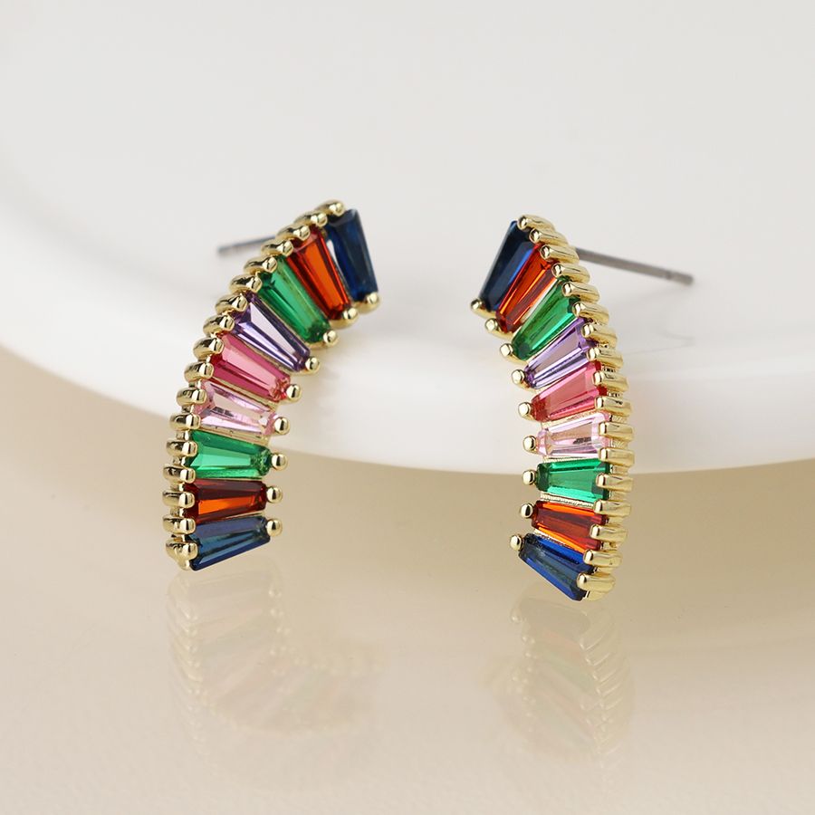 Golden curve earrings with multicoloured crystals