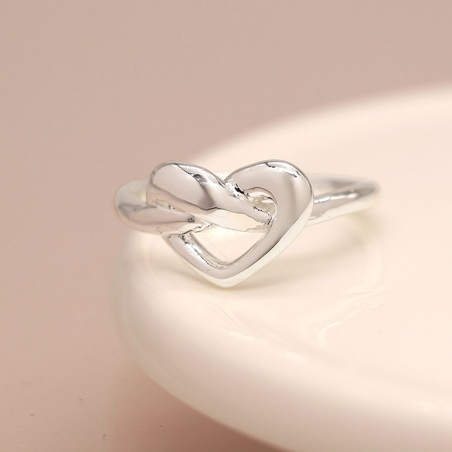 Silver plated heart knot ring M/L