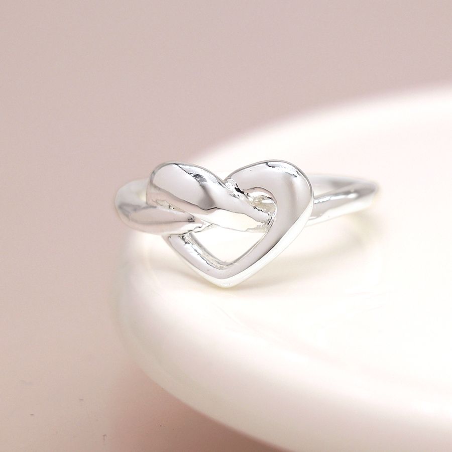Silver plated heart knot ring S/M