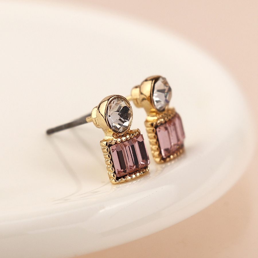 Golden mixed shape pink crystal earrings