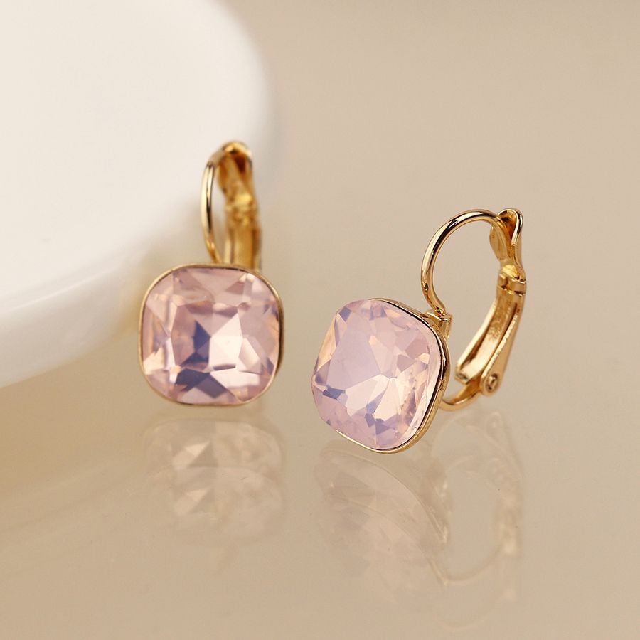Golden and pink square crystal drop earrings