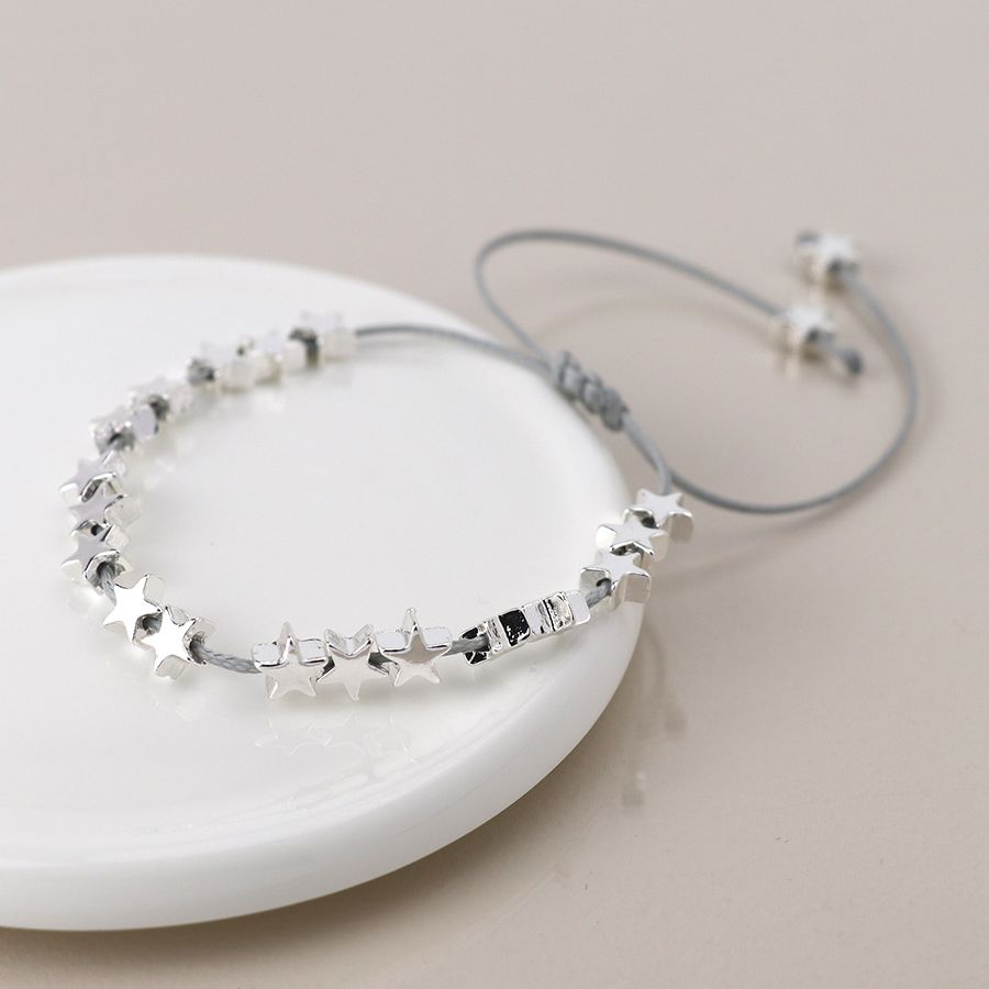Silver plated stars grey cord bracelet