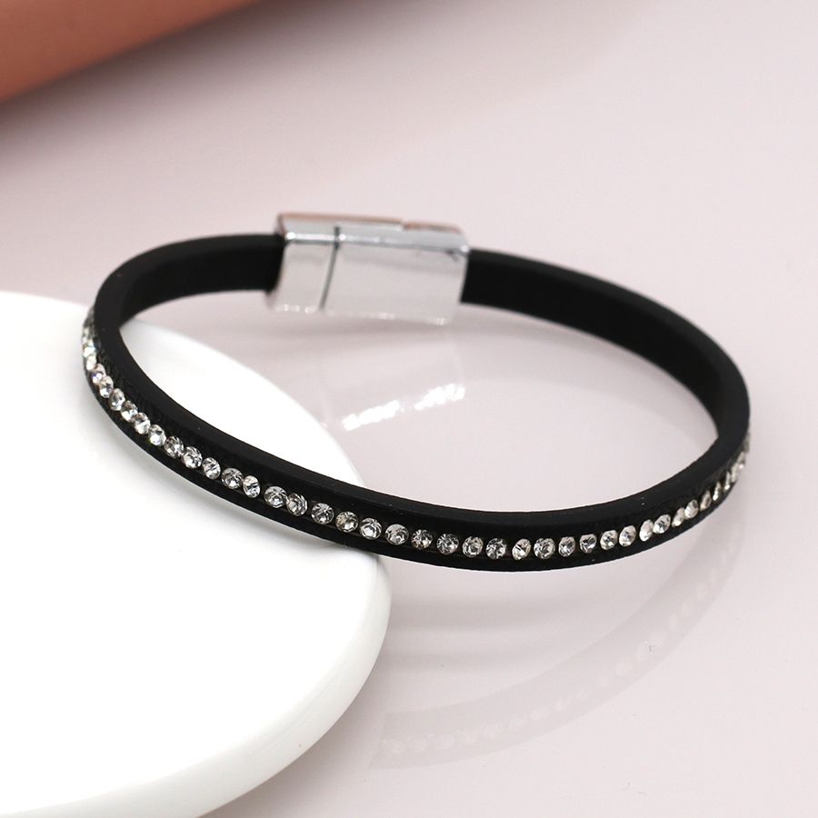 Black leather and crystal magnetic bracelet