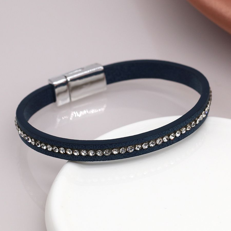 Teal leather and crystal magnetic bracelet