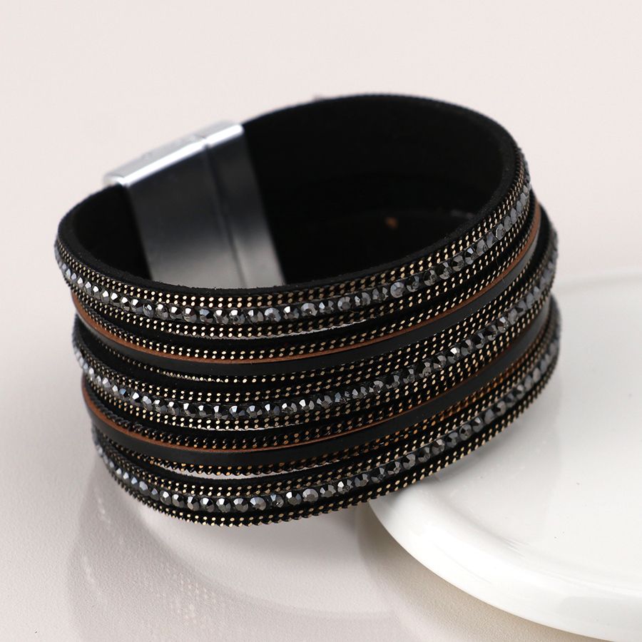 Black and bronze multi layer leather crystal cuff