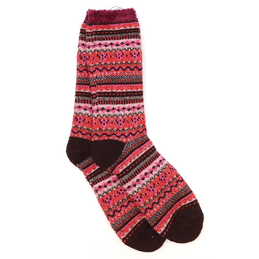 Wine/ Pink Mix Recycled Poly Wool Blend Fairisle Socks