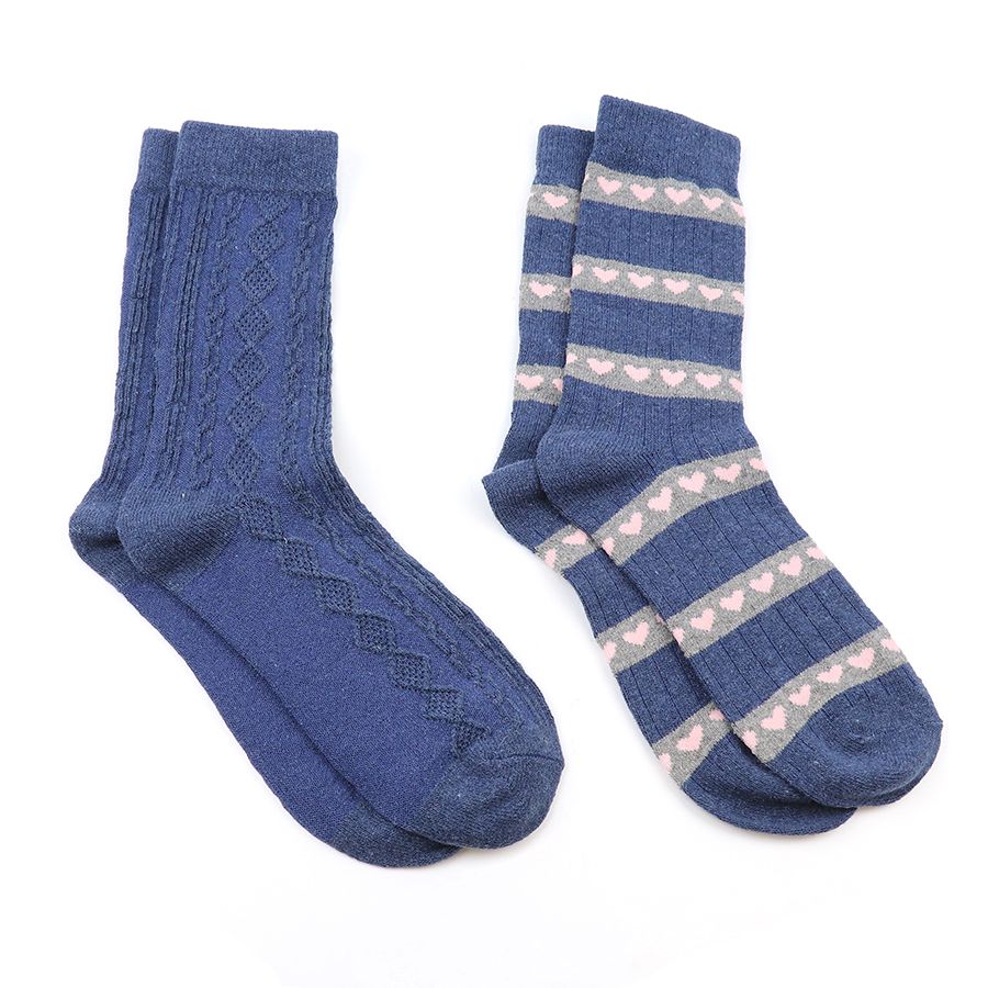 Blue Cable/ Hearts Mix Wool Blend 2-Pack Socks