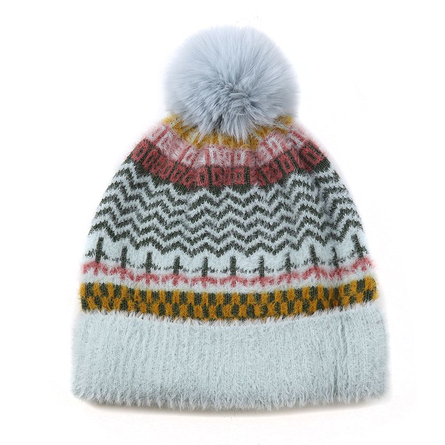 Pale Blue/ Mustard Multi Pattern Hat w. Fax Fur Pompom
