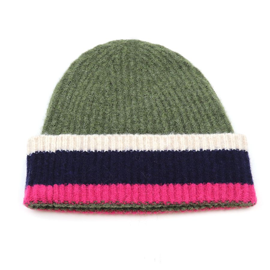 Khaki/ Pink/ Navy Recycled Poly and Wool Blend Colour Block Rib Knit Beanie Hat