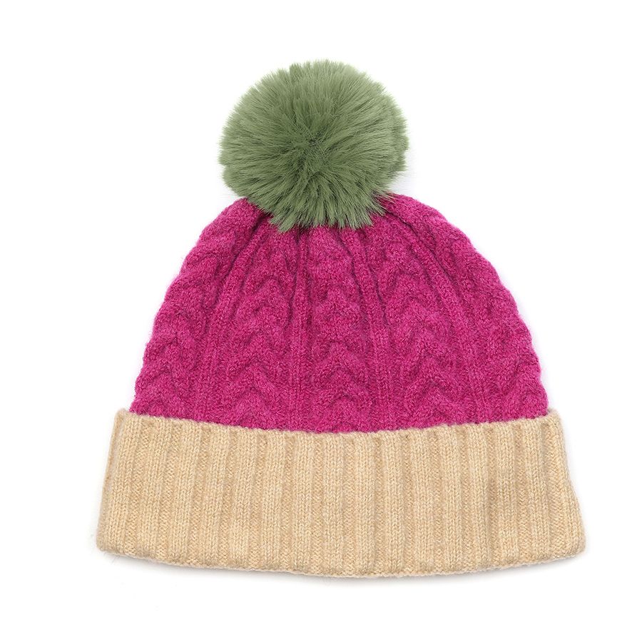 Green/ Magenta/ Cream Colour Block Pompom Hat