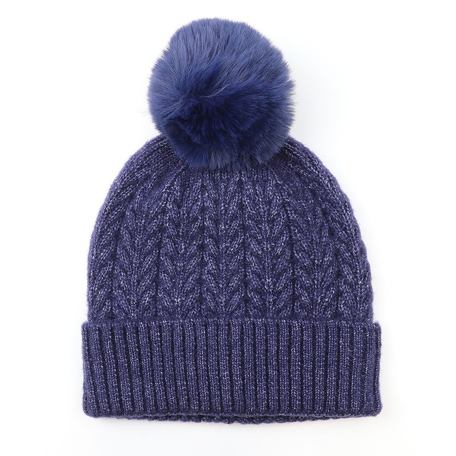 Navy recycled herringbone bobble hat