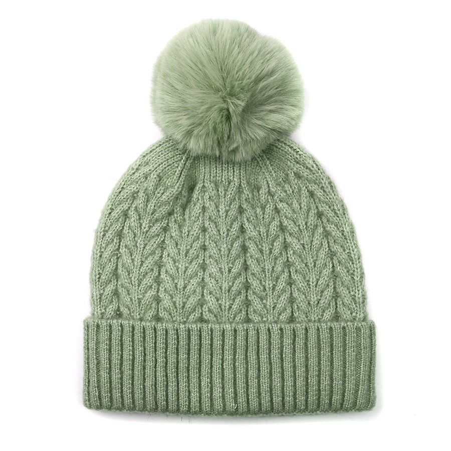 Light Sage recycled herringbone bobble hat
