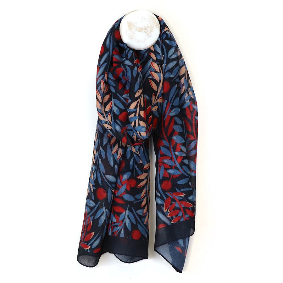 Recycled blend blue and red mix layered leaf print scarf