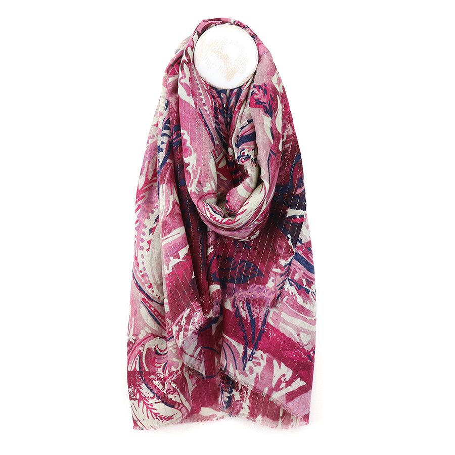 Raspberry mix paisley leaf print scarf with lurex