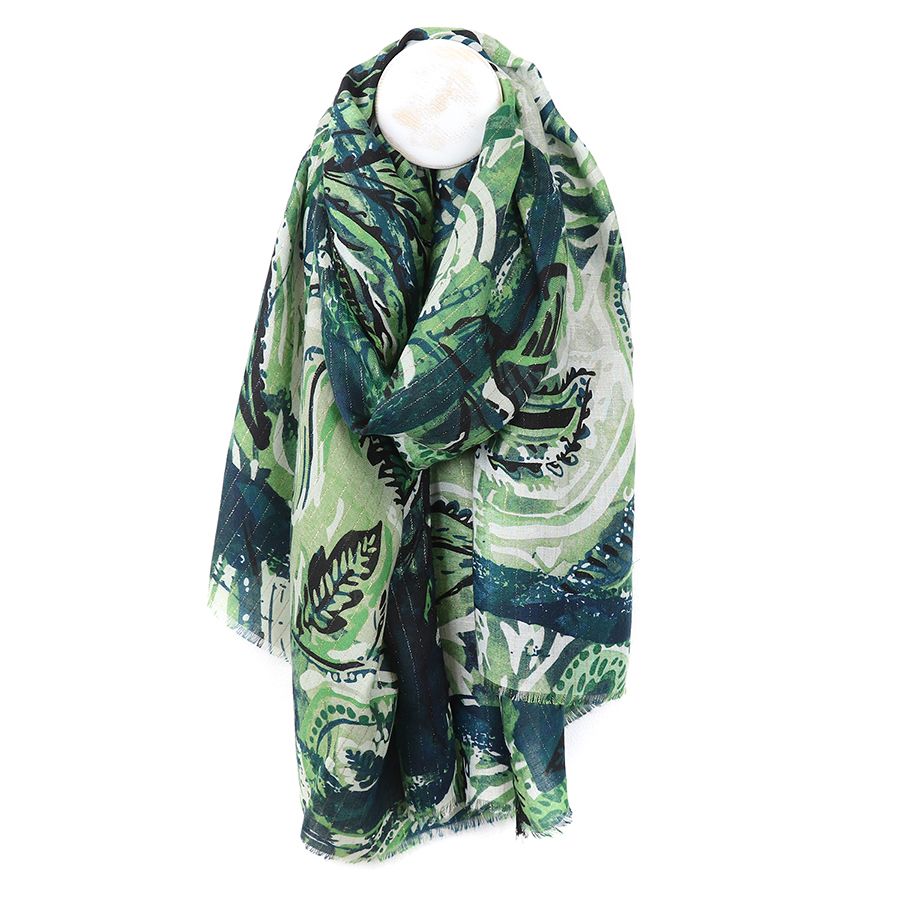 Green mix paisley leaf print scarf with lurex