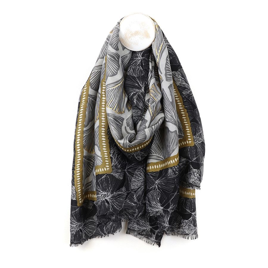 Black/ Gold Botanical Print Scarf with Border