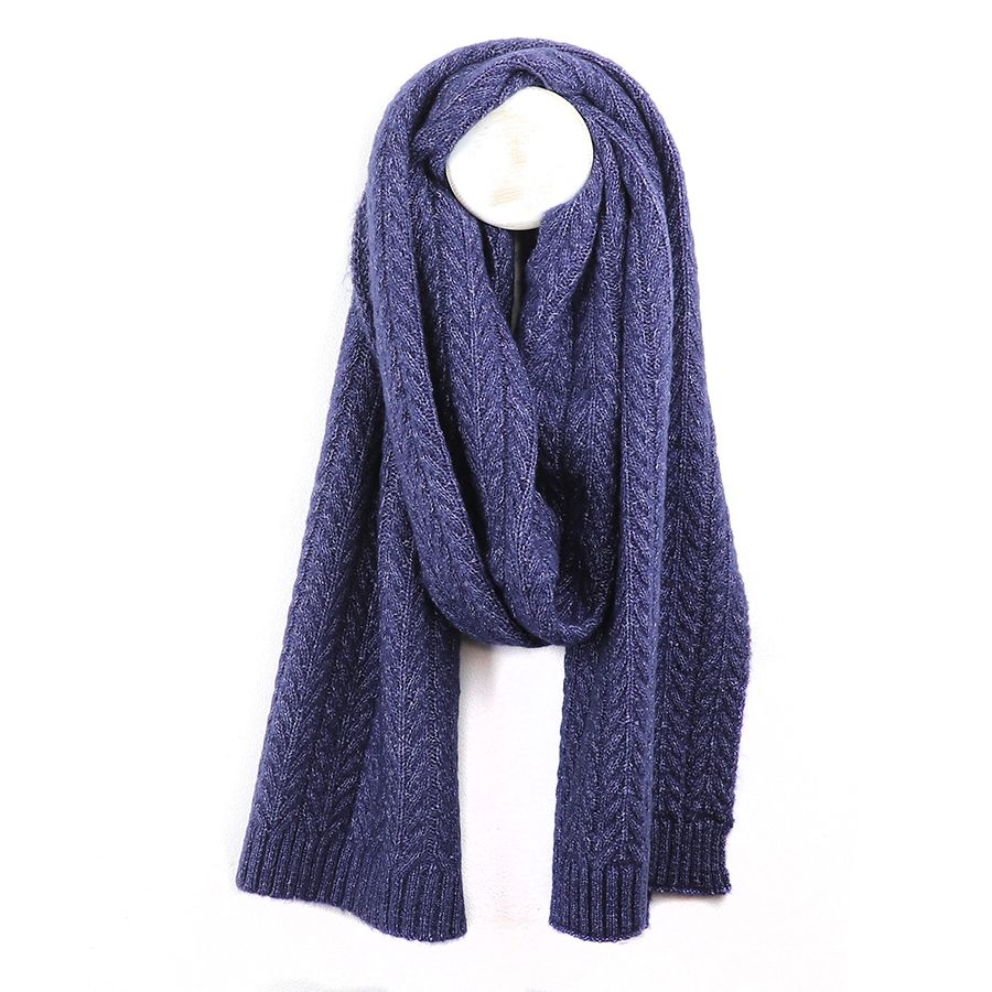 Navy Blue recycled yarn herringbone knit scarf
