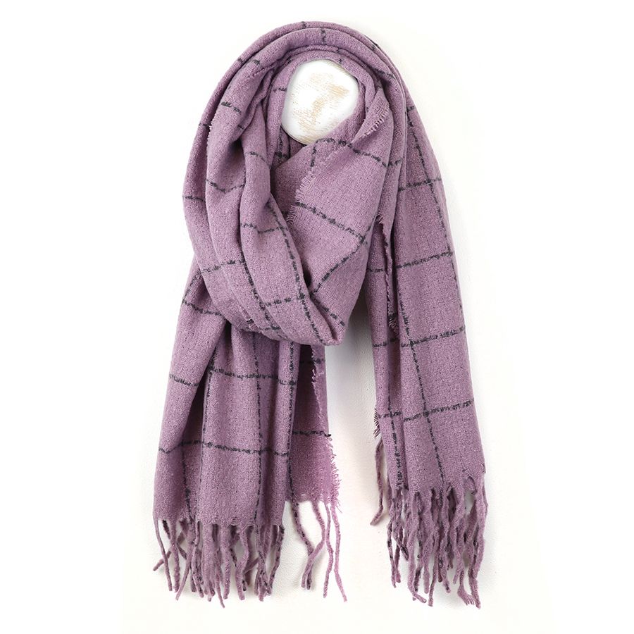 Mauve fine check scarf with fringe