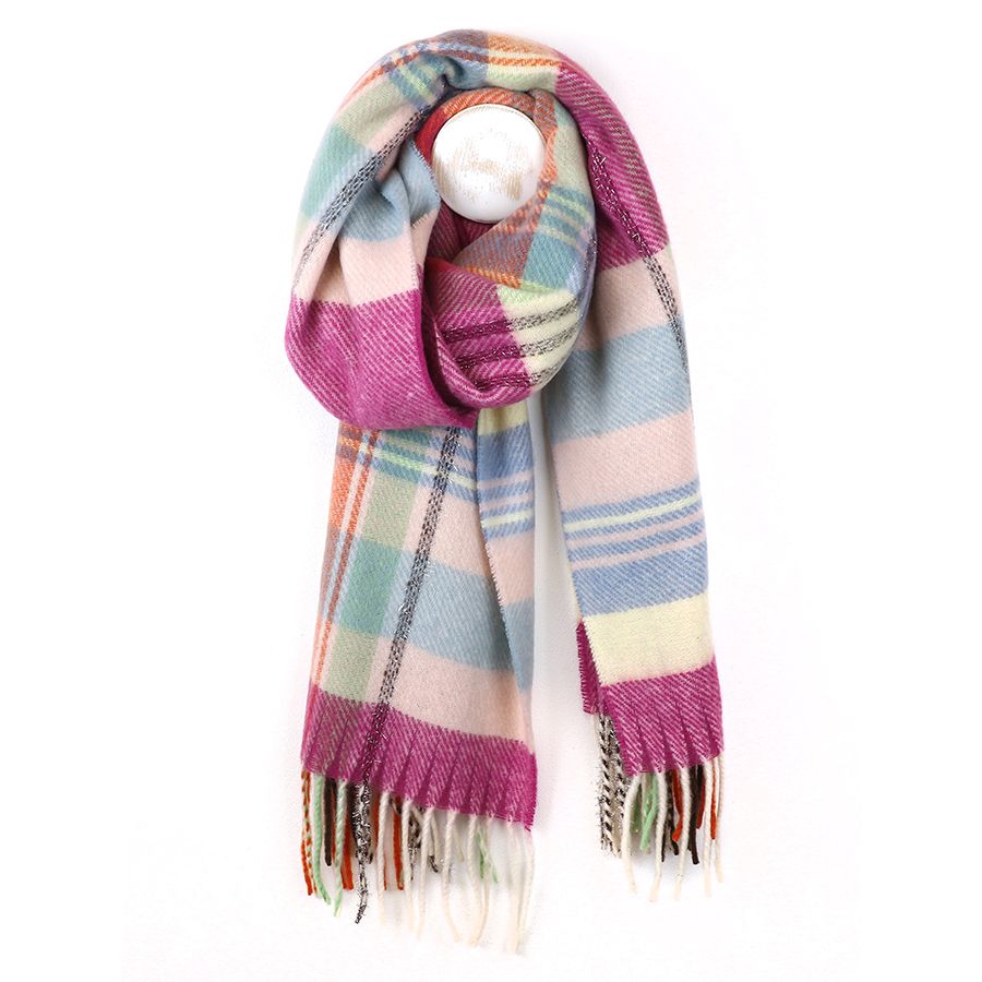 Magenta and blue mix tartan check scarf