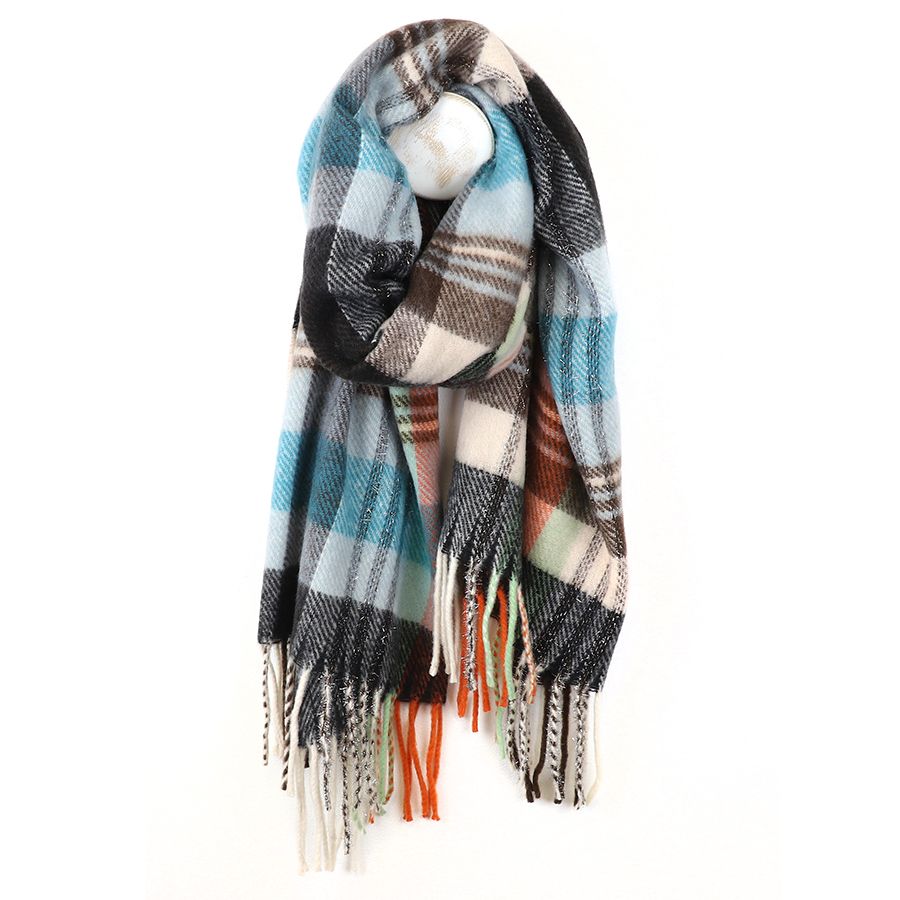 Blue and charcoal mix tartan check scarf