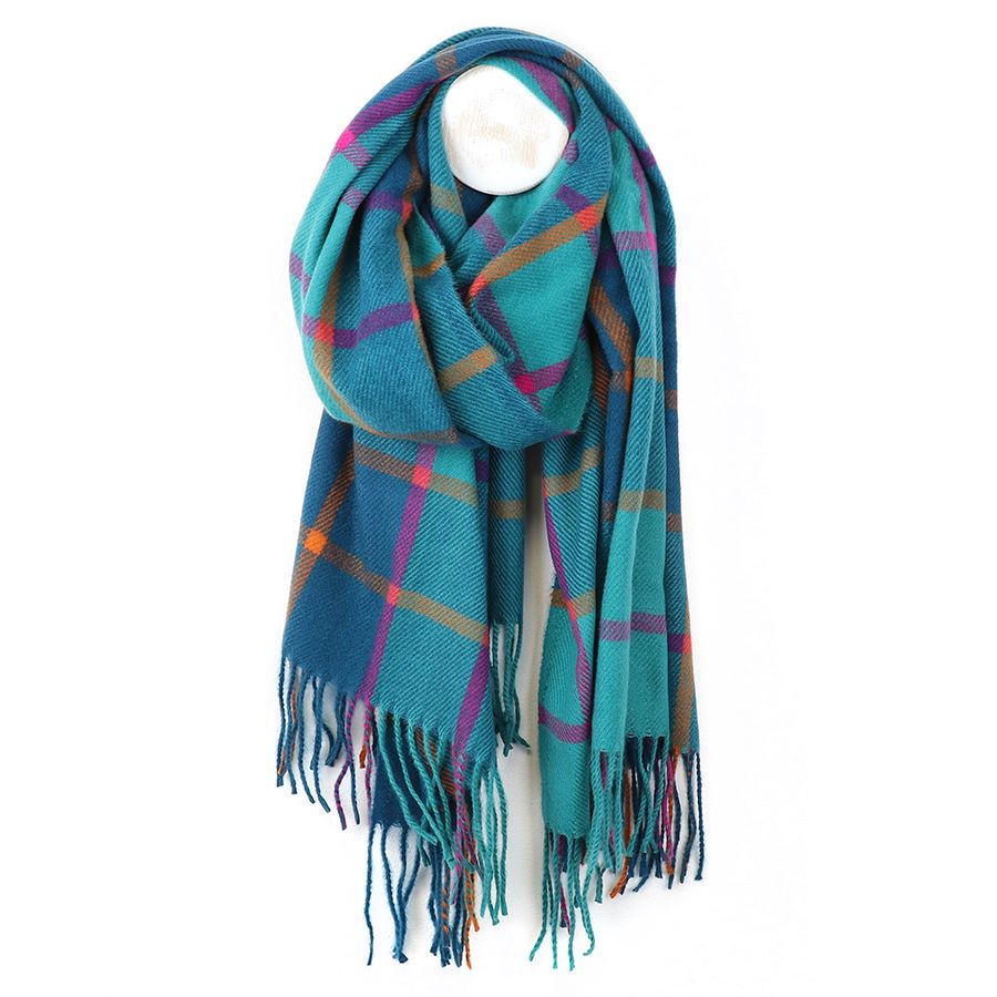Teal and purple mix check scarf