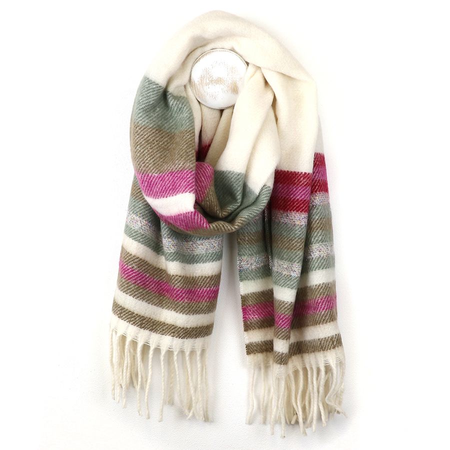 Cream and magenta twill stripe scarf