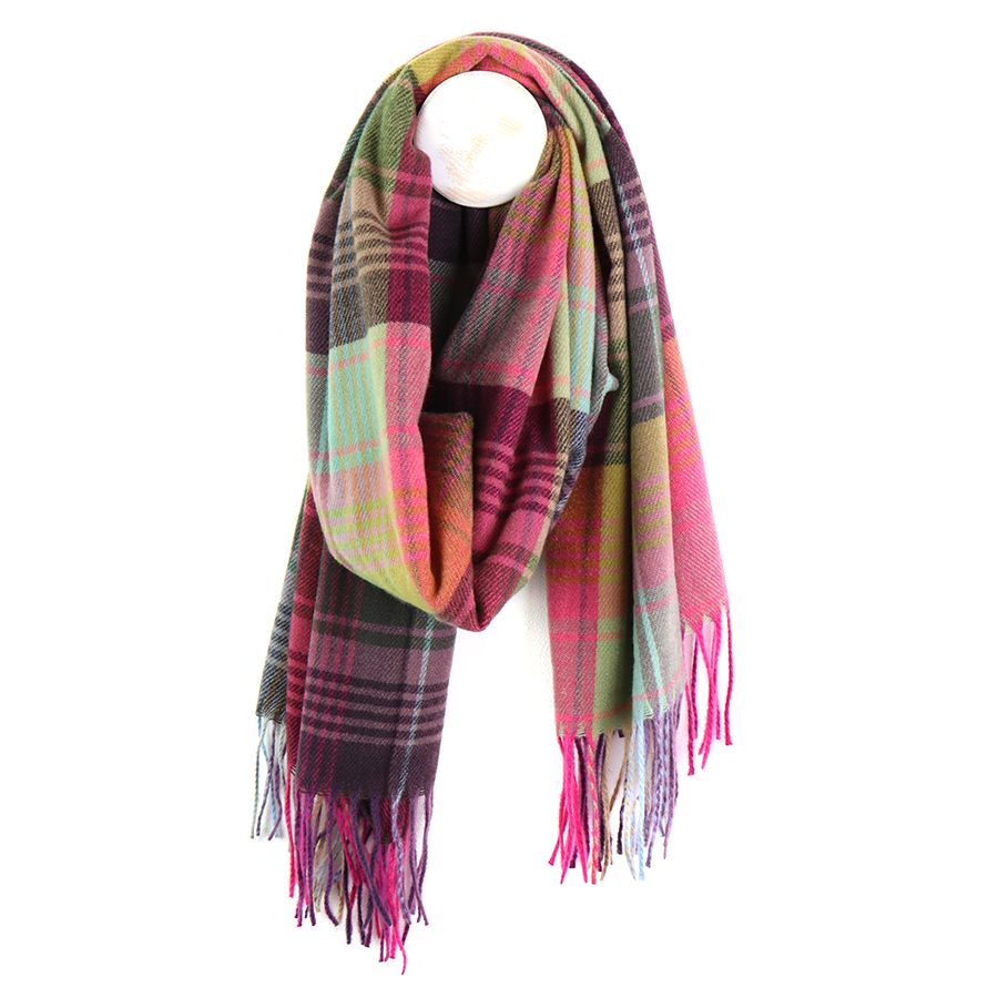 Muted Green/ Dark Pink mix check scarf with fringe