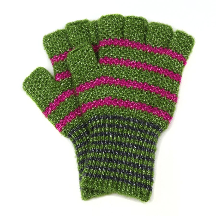 Green and pink striped recycled blend fingerless gloves