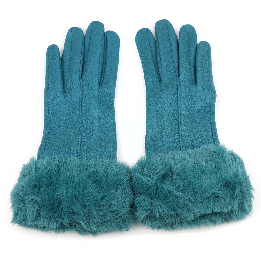Teal faux suede and faux fur cuff gloves