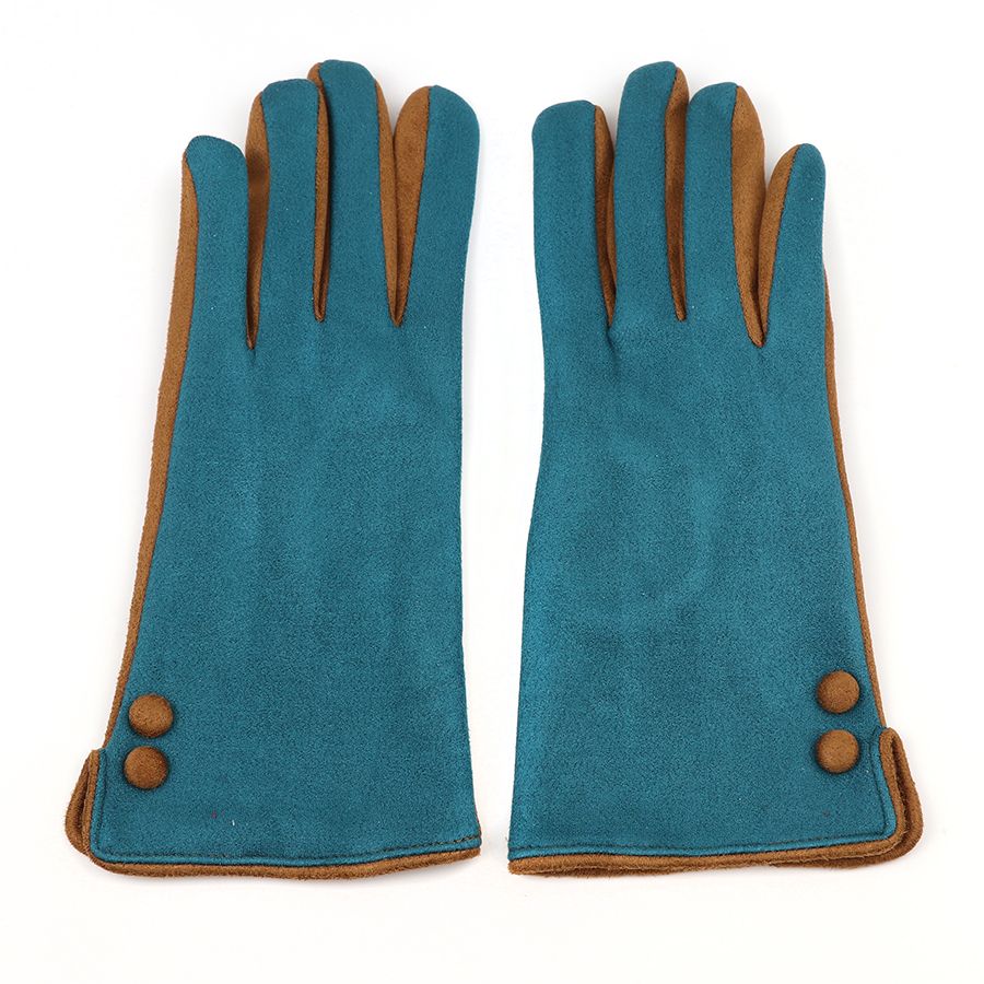 Teal and tan contrast faux suede gloves